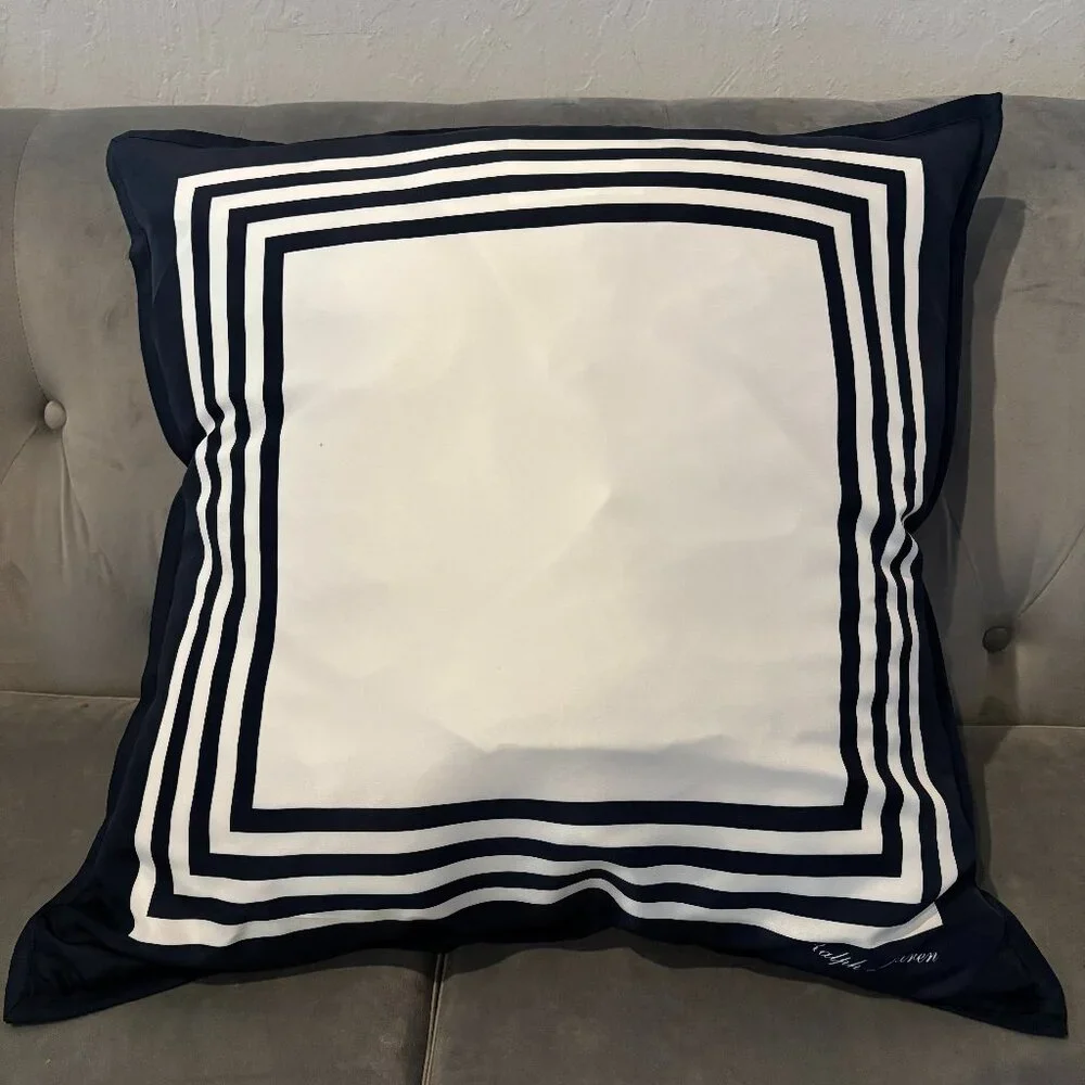 NWT Ralph Lauren 100% Silk Deerfield Pillow Cover White Navy Border 24x24‎ 2 Set